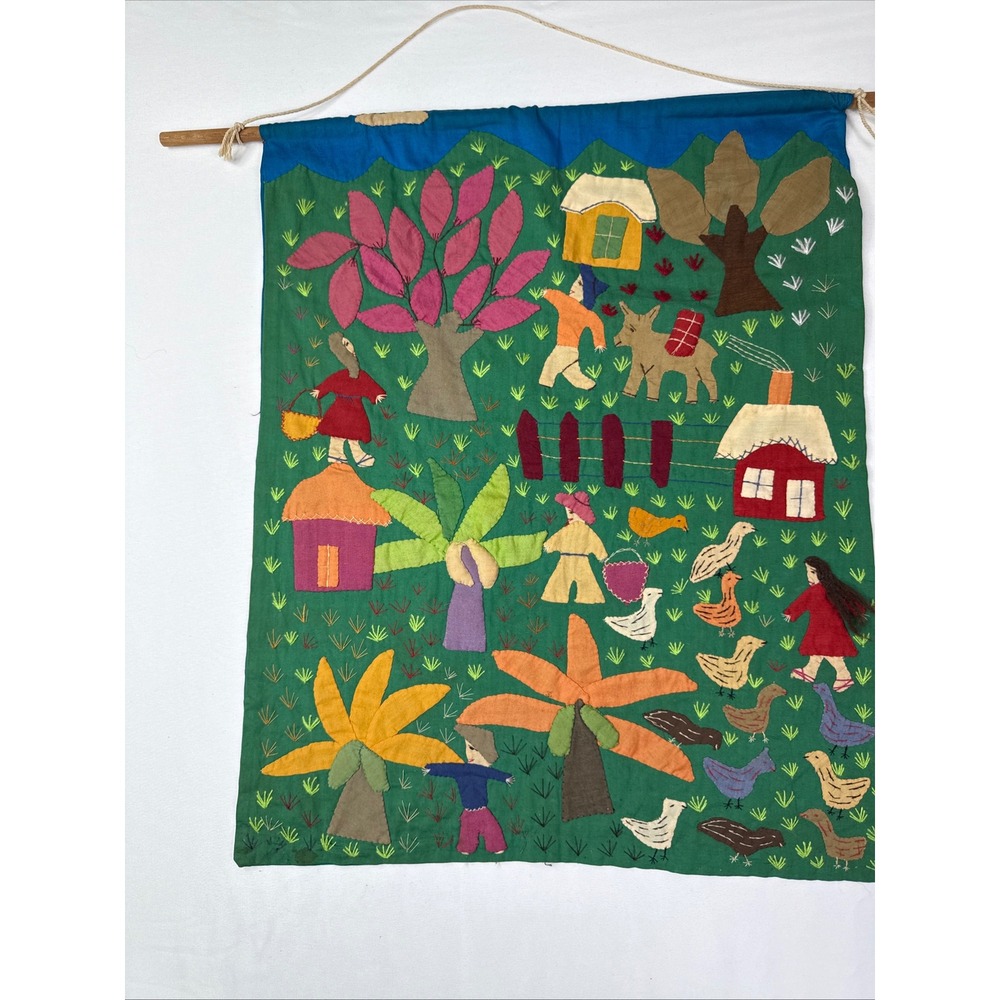 Vintage Peruvian Arpillera Folk Art Wall Hanging Handmade Village Scene 18x14.5
